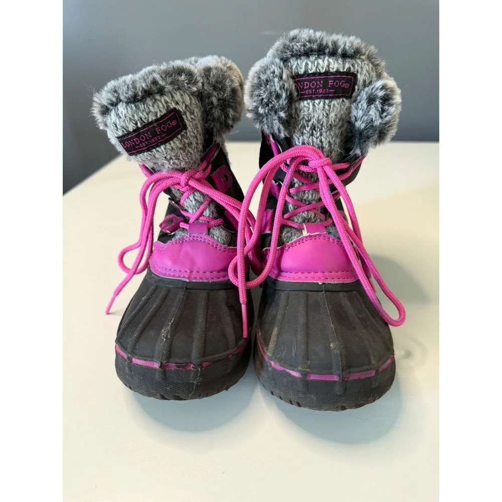 London Fog Girls Black Pink Tottenham Faux Fur Winter Snow Boots Size 12 LFK004